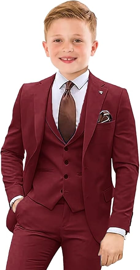 Boys Suit 4 Piece Slim Fit Kids Tuxedo Suit Formal Wedding Outfit Blazer Vest Pants Set with Tie