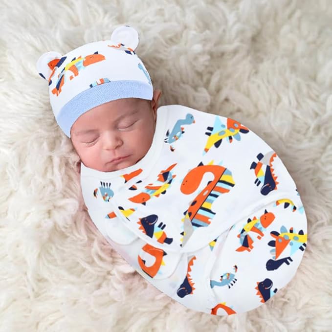 Cinaci 2 Pieces Adjustable Soft Cotton Baby Swaddle Sleep Sacks Hats Newborn Nursery Caps Beanies Bonnets Swaddle Blanket Wraps for Baby Girls Boys Infants Newborns (2PCS S6)