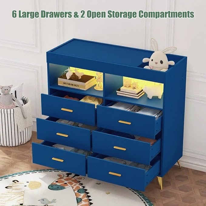 GarveeHome Dresser for Bedroom with 6 Drawers, Baby Changing Table Dresser with Changing Pad, LED Lights & Charging Station, Baby Changing Station with Changing Table Top