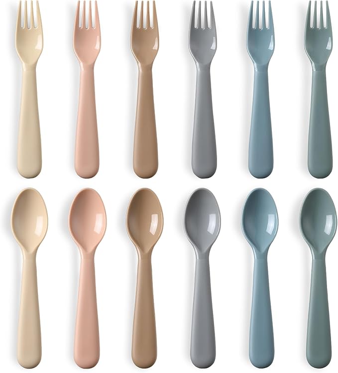 12 Pieces Toddler Utensils Set, Plastic Spoons and Forks Set for Kids, Children Safe Flatware, Plastic Reusable Cutlery, BPA Free, Dishwasher Safe