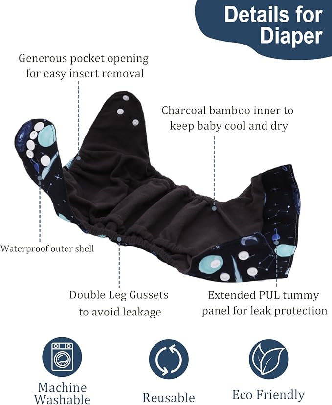 babygoal Reusable Charcoal Cloth Diapers with Double Gussets, 3 Pack Washable Baby Pocket Diapers with 3pcs Charcoal Inserts and Wet Dry Bag(Space,Moon,Star,Rocket)