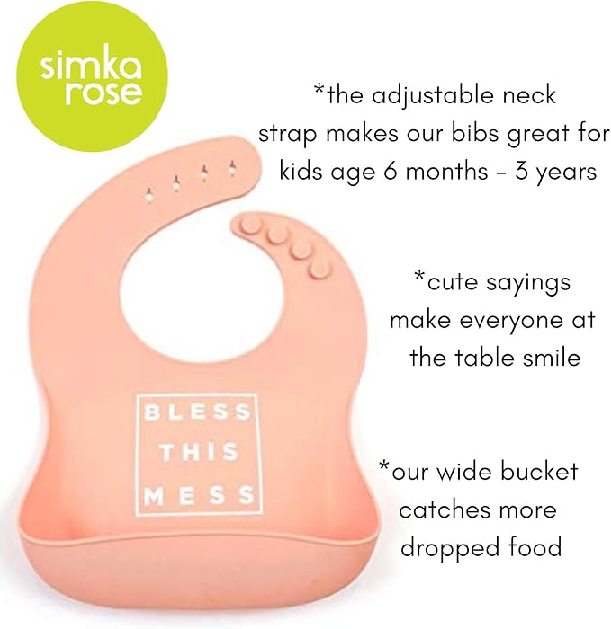 Simka Rose Silicone Baby Bibs with Food Catcher - Adjustable Soft Catch All Bib for Boys & Girls - High Chair Dining Table