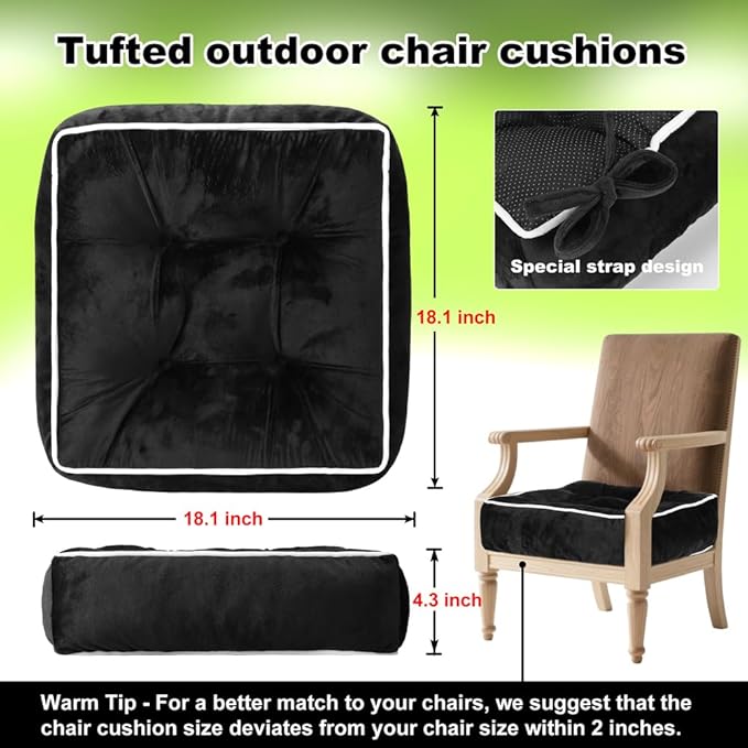 ERWUDEling Outdoor Chair Cushions Set of 2, Patio Cushions for Outdoor Furniture, Tufted Waterproof Outdoor Chair Pads, 17x17x5inch,Black