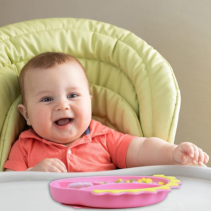 Silicone Suction Plates for Baby Toddler with Stainless Steel Spoon Fork set Divided Dinosaurs Plates Self Feeding Training Baby Dinner Plate-Pink Dinosaurs Plate Set