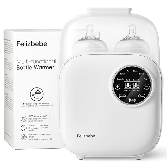 Baby Bottle Warmer, Felizbebe 10-in-1 Double Bottle Warmer for Breastmilk or Formula, Breast Milk Warmer for Baby, Accurate Temperature Control, Timer, Sterili-zing, Defrost, Heat Food, Keep Warm