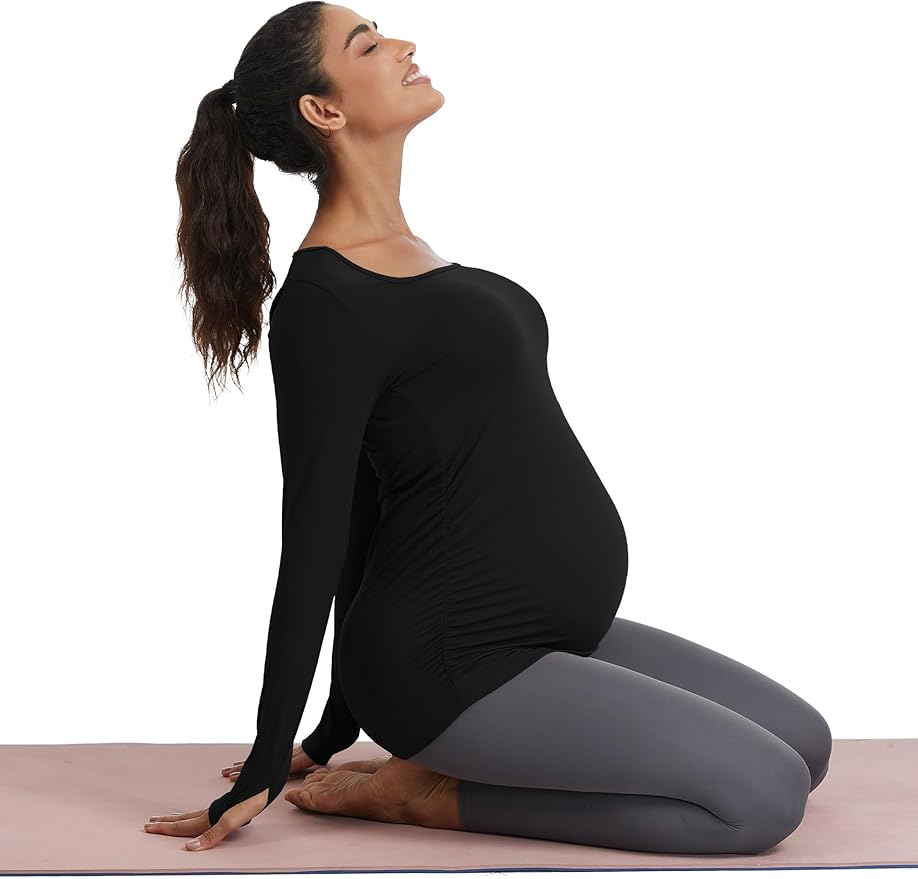 MathCat Maternity Long Sleeve Shirt with Thumbleholes, Maternity Tops Squar Neck Side Ruched Pregnancy Yoga Casual Tee