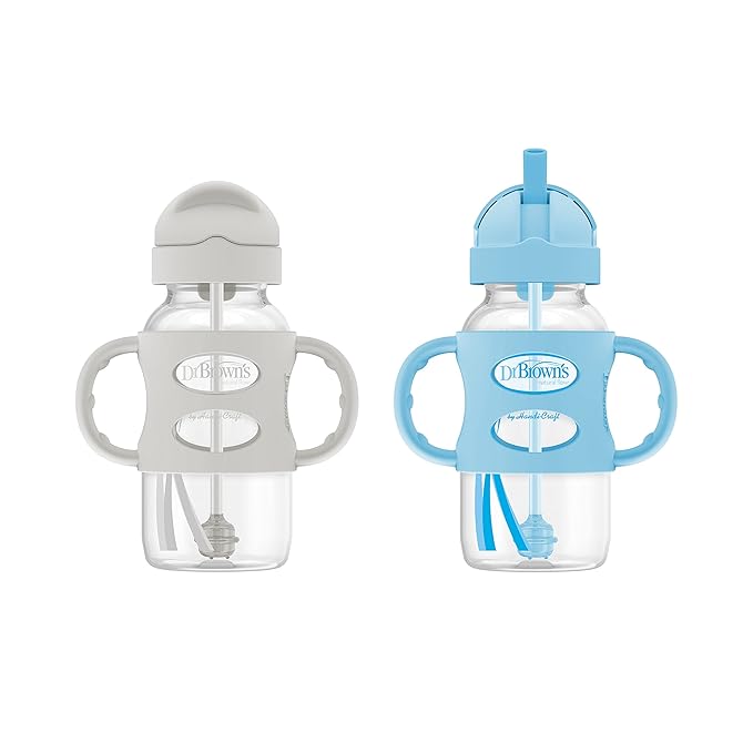 Dr. Brown's Milestones Wide-Neck Sippy Straw Bottle with 100% Silicone Handles and Weighted Straw, 9 oz/270 mL, Gray & Blue, 6m+ (Pack of 6)