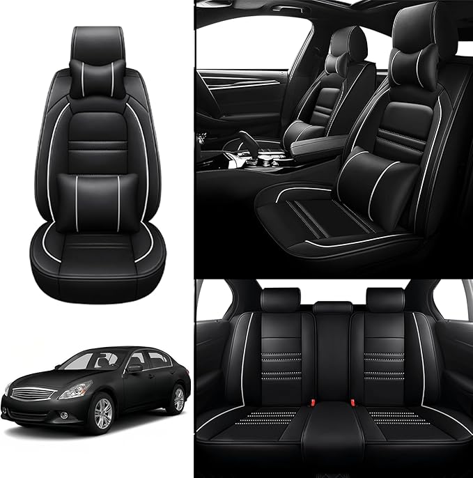 Car Seat Covers for Infiniti g37 2008-2013 | 5-Seats Seat Covers, Waterproof Seat Protectors, Automotive Seat Covers (Full Set with Pillow,Black&White Line)