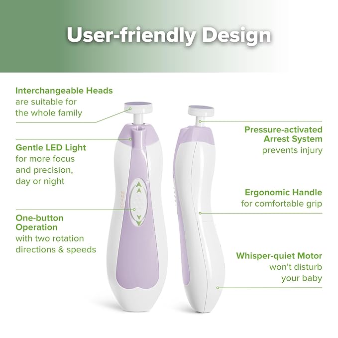 haakaa Baby Nail Trimmer Electric Baby Nail File Kit with LED Light, Baby Nail Clippers for Newborn/Infants/Adults Toenails and Fingernails, 6 Replacement Heads & Storage Case, Lavender