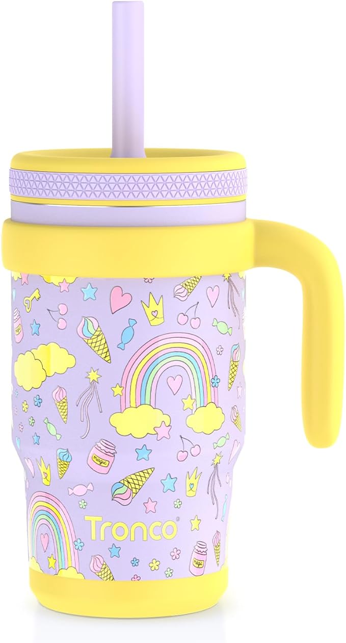 Tronco 14 oz Kids Insulated Tumbler with Handle & Spill Resistant Flexible Straw, BPA-Free Stainless Steel Toddler Cups with Lids, Splash-Proof Kid Drinking Cup Travel Mugs, Hand Wash Only
