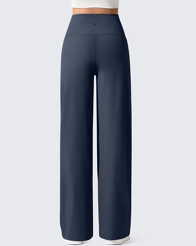 G4Free Ribbed Maternity Yoga Pants with Pockets Over The Belly Wide Leg Casual Pregnancy Lounge Trousers