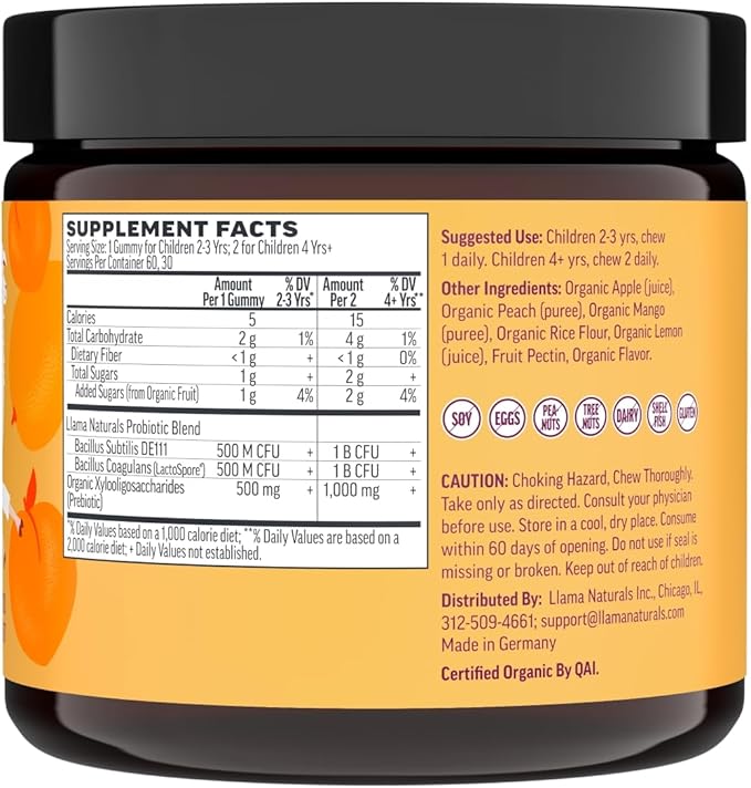 Llama Naturals Kids Probiotic with Prebiotic Fiber, Vegan, Organic Prebiotics and Probiotics Gummies for Gut Health Support, Toddler Real Fruit Gummy Vitamins, No Added Sugar Cane, Peach Mango, 60 Ct