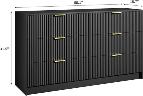 6 Drawers Fluted Dresser for Bedroom, 55" Wide Wooden Dresser with Deep Drawers, Large Floor Chest of Drawers, Modern Long TV Stand, Storage Cabinet Side Table, Black