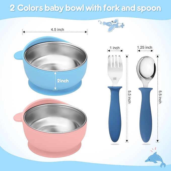 2 Pack Stainless Steel Baby Bowls with Removable Non-Slip Silicone Suction Shell, Anti Scald Food Container for Baby Food Feeding, Forks + Spoons Included-Blue & Pink
