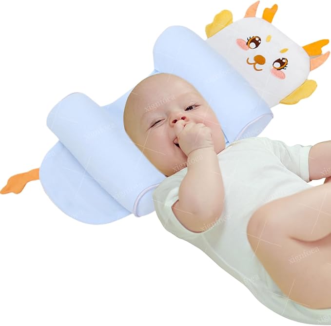 Kariney Baby Pillow, Compariston All-Season Breathable Pillow for Baby Development, Organic Cotton Adjustable Infant Head Cushion (Blue,Dragon)