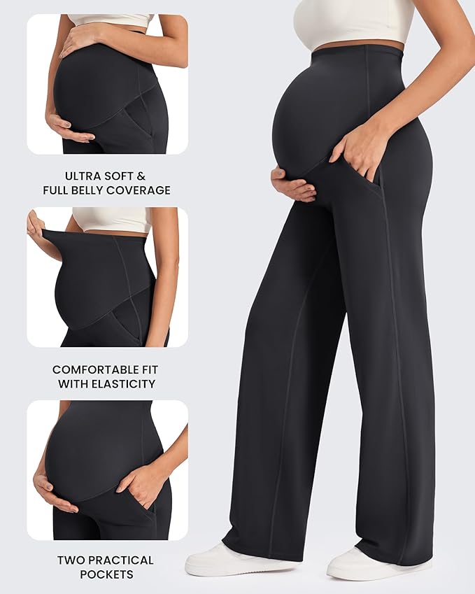 G4Free Maternity Pants Over The Belly Yoga Dress Work Pregnancy Pants Stretchy Lounge Wide Leg Trousers with Pockets