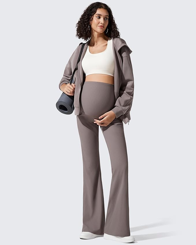 G4Free Ribbed Maternity Flare Yoga Pants with Pockets Over The Belly Pregnancy Bell Bottom Leggings