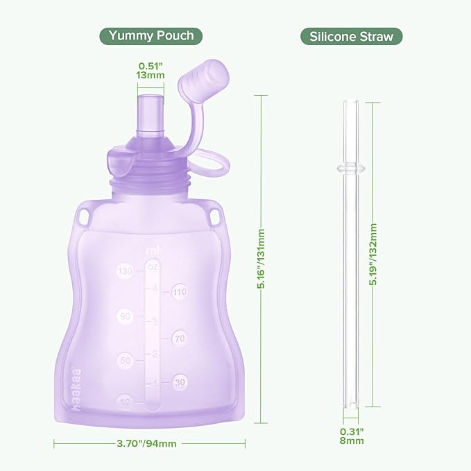 haakaa Baby Food Pouch Refillable Baby Squeeze Silicone Yummy Pouch, Soft Reusable Squeeze Storage Food Pouch for Kids Toddler,Home Made Food Puree,Smoothie Pouch Bag, 4oz, 4 Pack,6m+(Lavender)