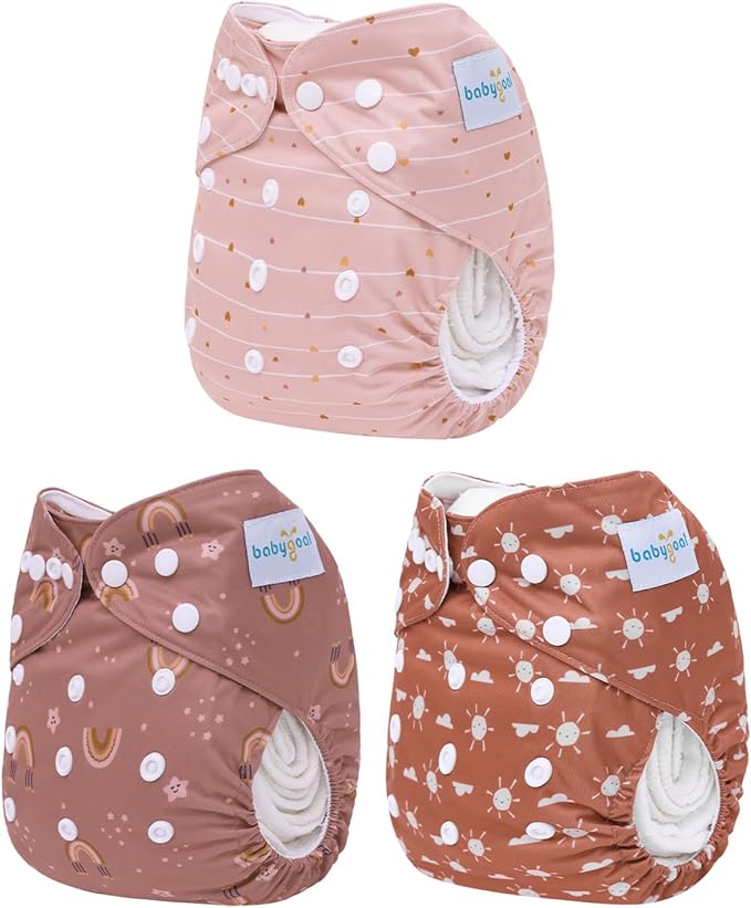 babygoal AWJ Cloth Diapers with Tummy Panel Pack of 7, 3 Diaper Cover with 3 Inserts and Wet Dry Bag, Adjustable Washable Reusable for Baby Girls and Boys
