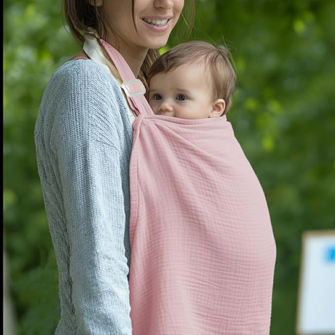 Muslin Nursing Covers for Breastfeeding, Arch Neckline Breast Feeding Covers for Women, Moms Privacy Breathable Summer Nursing Apron, 43.3" x 25.6" Soft Feeding Cover (Light Pink)