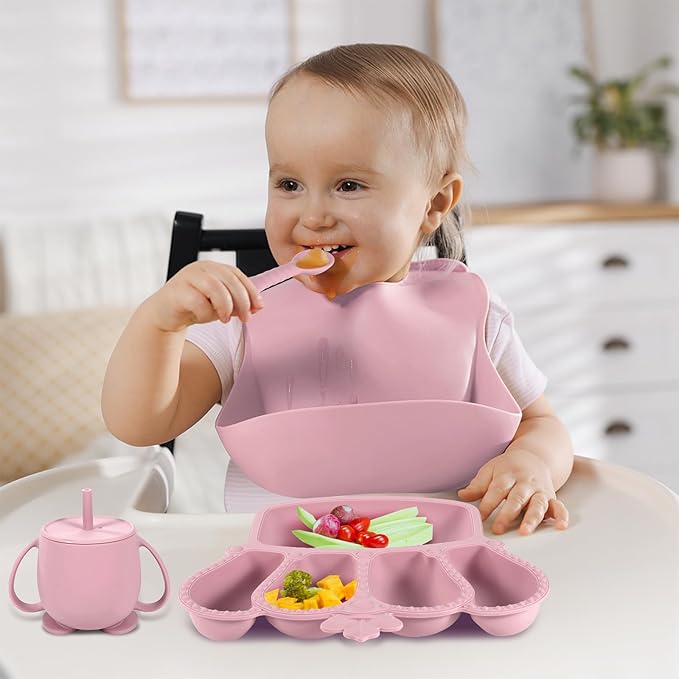 Silicone Baby Feeding Set 10 Pcs Baby Led Weaning Supplies Suction Bowl Divided Plate Baby Bibs Fruit feeder Pacifier Baby Spoons Forks Sippy Cup Utensil Sets Baby Essentials for Newborn Gift Pink