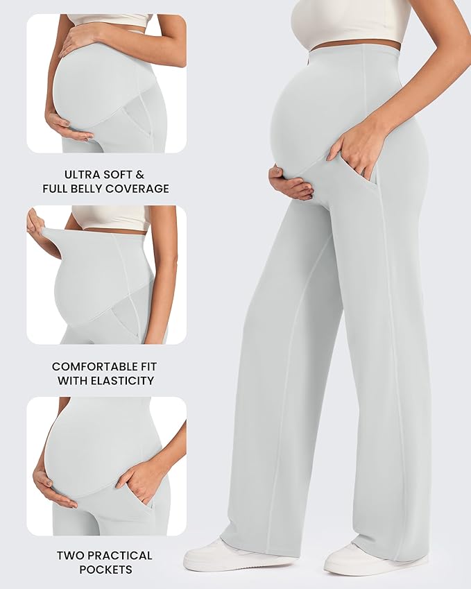 G4Free Maternity Pants Over The Belly Yoga Dress Work Pregnancy Pants Stretchy Lounge Wide Leg Trousers with Pockets