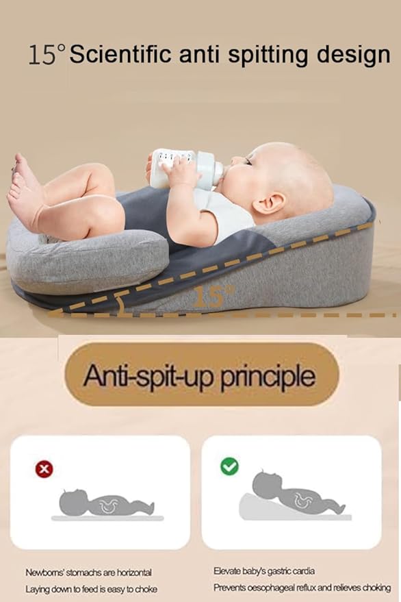 Baby Feeding Support Pillow, Anti Overflow Feeding Pillow, Nursing Pillow with Safety Strap, Baby Lounger Reflux Wedge Breastfeeding (Grey)