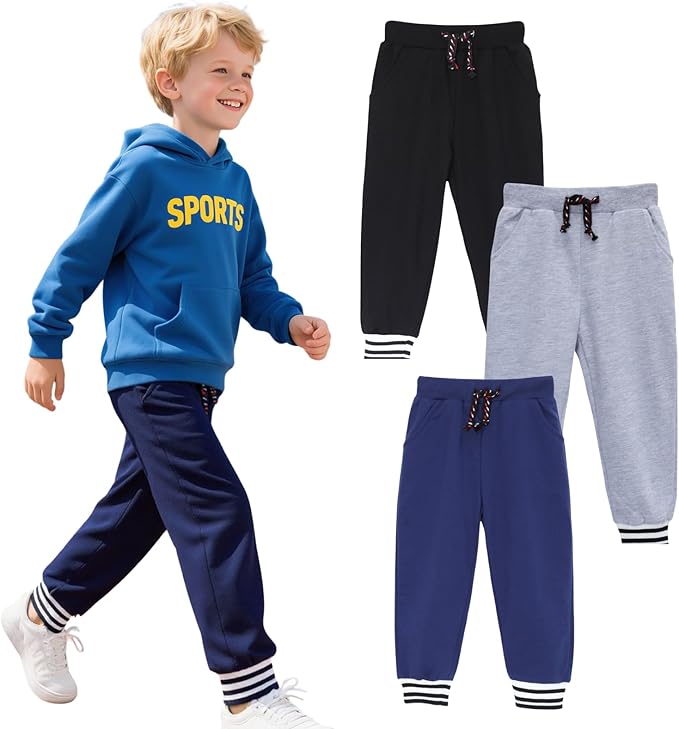 HILEELANG Toddler Boys Cotton Jogger Sweatpants 3 Pack, Soft Adjust Elastic Waist Pants with Pockets, Sizes 12M-7T