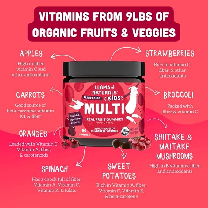 Llama Naturals Kids Multivitamin Gummies, Vegan, Organic with Vitamin D, C & K, Toddler Real Fruit Gummy Vitamins, Chewable Supplement, Whole Food Multivitamin, No Added Sugar Cane, Cherry, 90 Ct