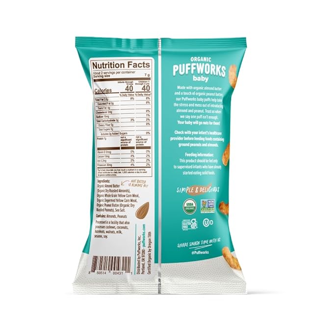 Puffworks Baby Organic Almond Butter Puffs, with Peanut Butter, Plant-Based Protein, USDA Organic, Gluten-Free, Vegan, Non-GMO, Kosher, 0.5 Ounce (Pack of 12)