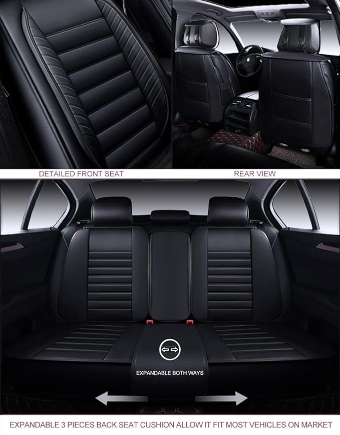 OASIS AUTO Car Seat Covers Premium Waterproof Faux Leather Cushion Universal Accessories Fit SUV Truck Sedan Automotive Vehicle Auto Interior Protector Full Set (OS-001 Black)