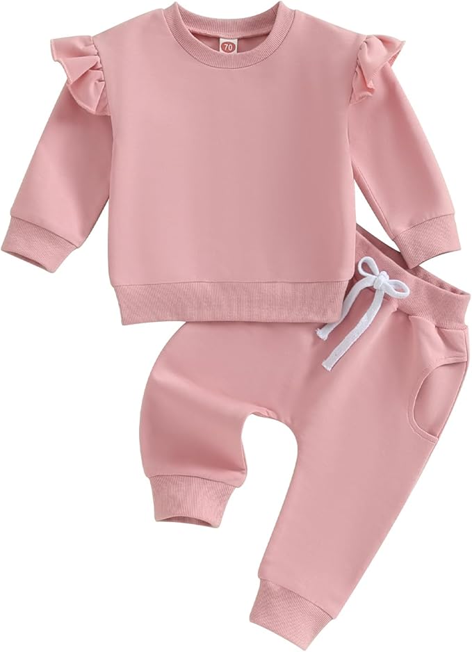Fernvia Toddler Baby Girl Clothes 3 6 9 12 18 24 Months Fall Outfits Solid Long Sleeve Sweatshirt Tops + Pants Set
