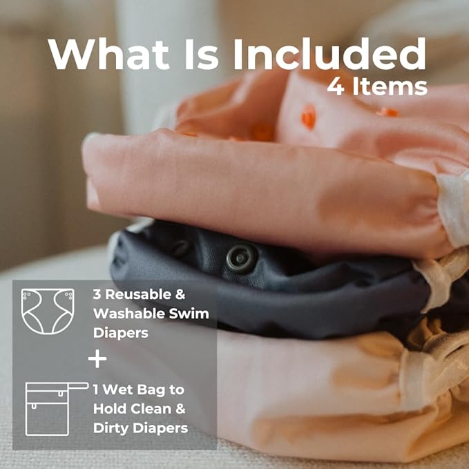 Nora's Nursery Reusable Swim Diapers and Wet Bag - One Size Fully Adjustable - Laguna Unisex 3 Pack with Wet Bag