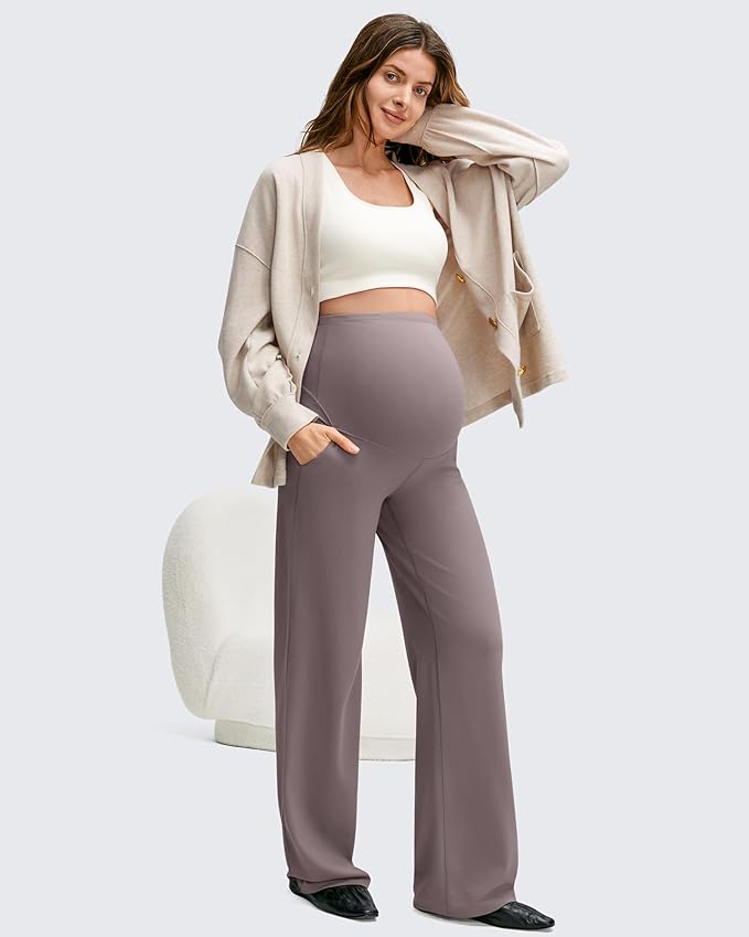 G4Free BareFeel Maternity Dress Yoga Pants with Pockets Over The Belly Stretchy Work Slack Pregnancy Wide Leg Casual Trousers