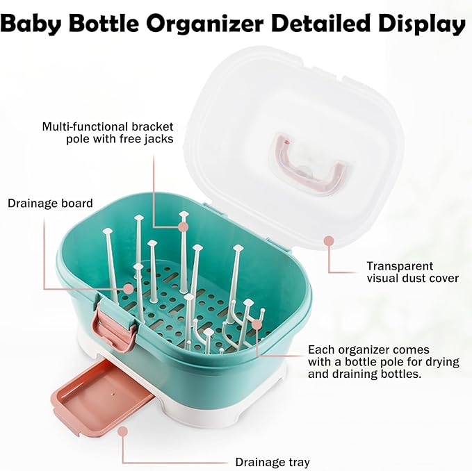 Baby Bottle Organizer for Storage, Baby Bottle Storage Large Capacity with Lid Cover Anti-Dust Protection and Cutlery Storage Drying Rack Portable Large Capacity Bottle Organizer(Green)