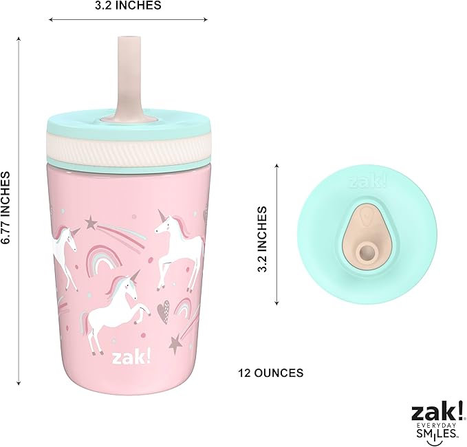 Zak Designs Kelso Toddler Cups For Travel or At Home, 12oz Vacuum Insulated Stainless Steel Sippy Cup With Leak-Proof Design is Perfect For Kids (Fanciful Unicorn)