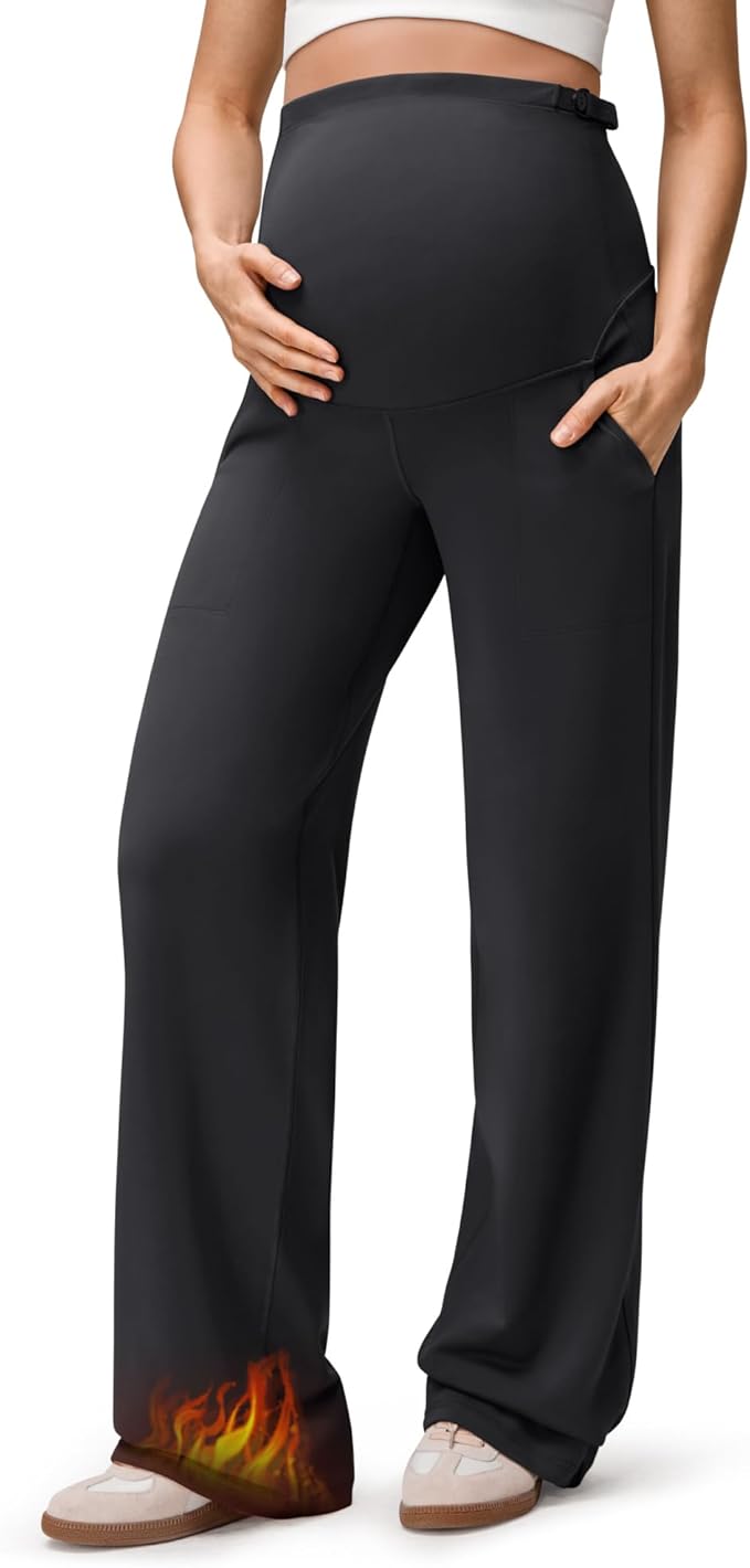 G4Free EverGoing Fleece Lined Maternity Wide Leg Pants Over The Belly Pregnancy Trousers with Pockets