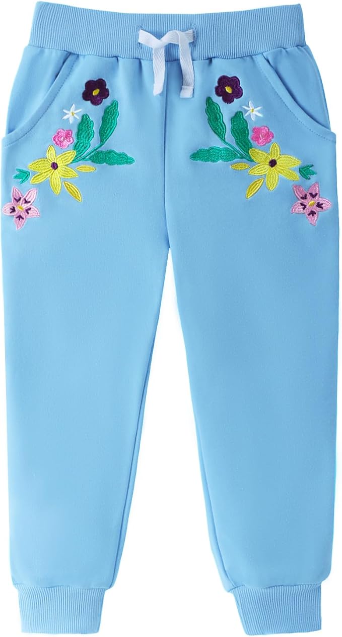 HILEELANG Girls Cotton Joggers Sweatpants Embroidery Drawstring Waist Pockets Casual Pants for Kids 12M-7Y
