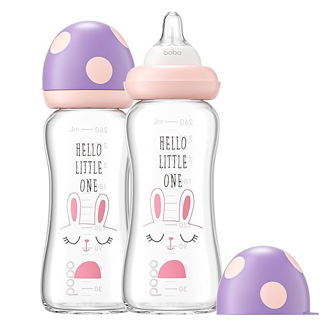 YOHKOH Natural Glass Baby Bottle with Natural Response Nipple, Newborn Anti-Colic Baby Bottles, Wide Neck Mushroom Cap Baby Bottle, Clear ((8.8oz (Pack of 2), Purple)