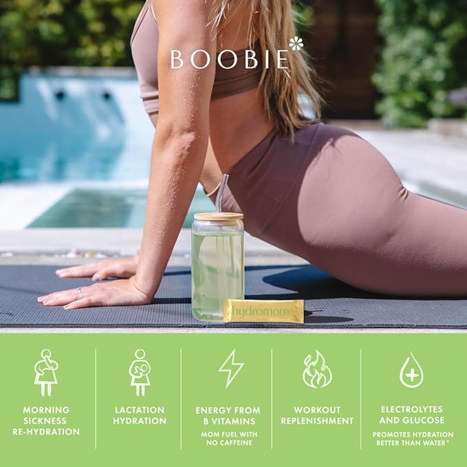 Boobie Hydromom Superfood Electrolyte Drink Mix, Green Apple | Refreshing Energy & Hydration Boost for Mamas | On-The-Go & Travel Essentials for Pregnancy, Lactation, & Beyond, 10 Packets