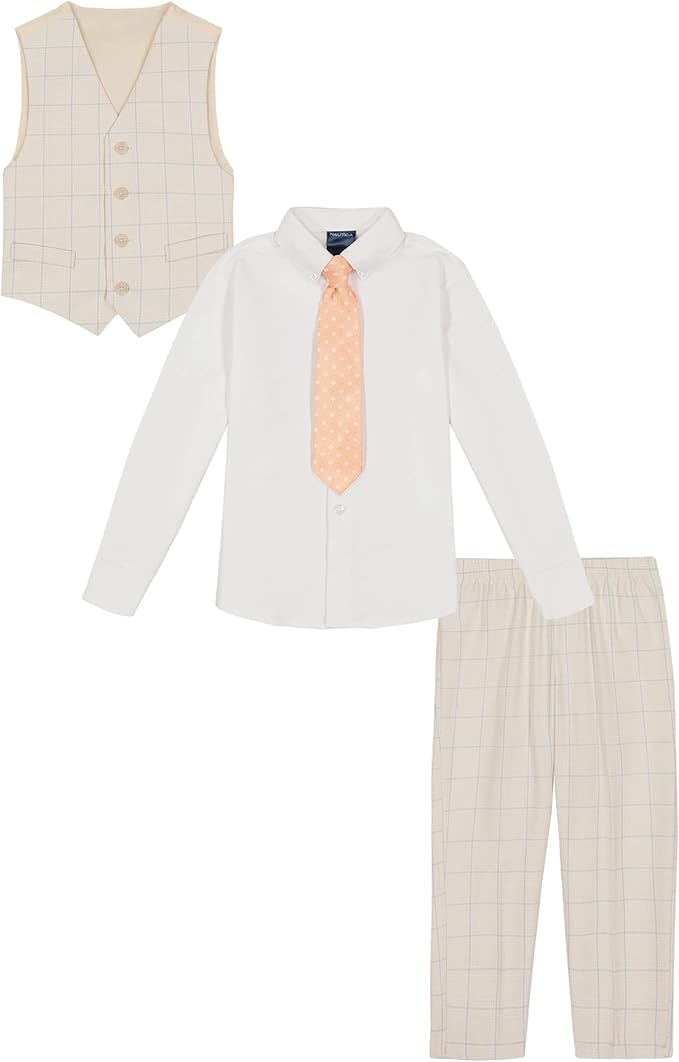 Nautica Boys' 4-Piece Formal Suit Set with Vest, Pants, Collared Dress Shirt, and Tie