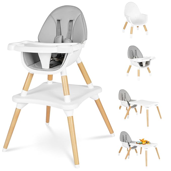 6 in 1 High Chair for Babies & Toddlers, Convertible Wooden Baby Highchair, Table and Chair Set, Baby Feeding Chair, 5-Point Adjustable Harness/4-Position Removable Tray& PU Seat Cushion(Grey)