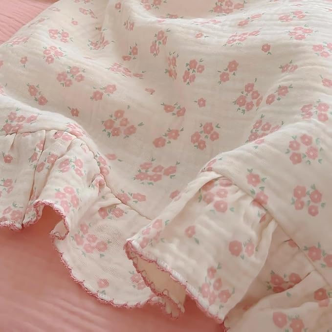 BuLuTu Cotton Muslin Kids Toddler Pillowcase with Galsang Flowers Print, Shabby Chic Nursery Pillowcases with Ruffle Edge, Boys Girls Soft Travel Pillow, Durable Pillow Cover 14"x20", 1 Piece