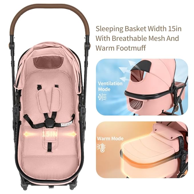 2 in 1 Baby Stroller, High Landscape Infant Stroller Pram Foldable Pushchair with Adjustable Canopy, Storage Basket,5-Point Harness,Mom Bags (Pink)
