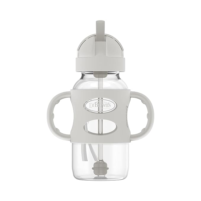 Dr. Brown's Milestones Wide-Neck Sippy Straw Bottle with 100% Silicone Handles and Weighted Straw, 9 oz/270 mL, Gray & Blue, 6m+ (Pack of 6)