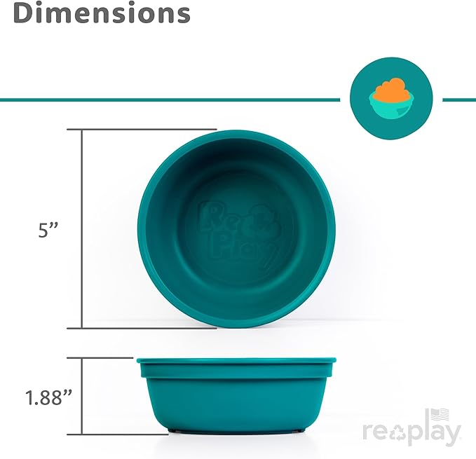 Re-Play 12 oz. Toddler Bowls Set of 4 - Kids Deep-Walled, Durable & Reusable Snack and Meal Bowls, Dishwasher & Microwave Safe, BPA-Free, Made in USA from Recycled Plastic, True Blue