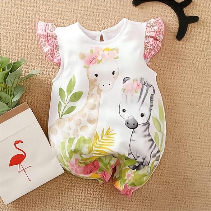 Cute Giraffe + Zebra With Floral Print Long Sleeve Baby Girl Clothes White Jumpsuit For Baby One-Piece Romper