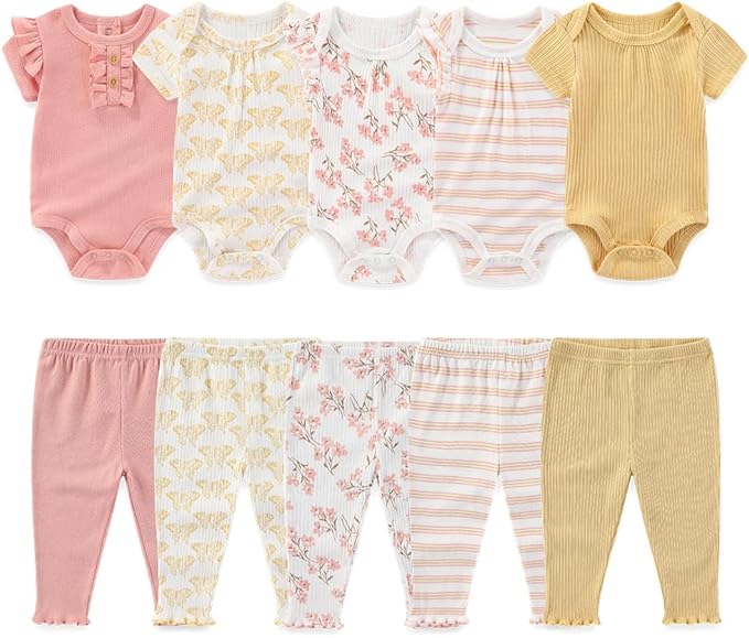 Kiddiezoom Newborn Baby Layette Set 10-Piece with Bodysuits and Pants Set for Unisex Baby Gift Sets
