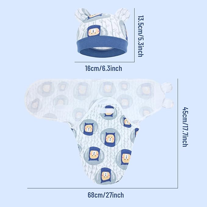 Cinaci 2 Pack Adjustable Soft Cotton Blend Newborn Baby Receiving Swaddle Blankets Sleep Sacks with Nursery Hats Caps Beanies Bonnets for Baby Girls Boys Newborns Infants