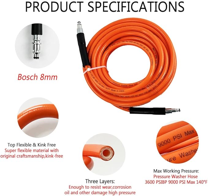 5800PSI/400Bar Ultra Flexible Pressure Washer Hose for Bosch Home Cleaning, 5M-30M High Pressure Extension Tube with Quick-Connect Adapter,(Red/Blue/Yellow/Green/Grey/Orange/Light Blue)(Orange,32FT)
